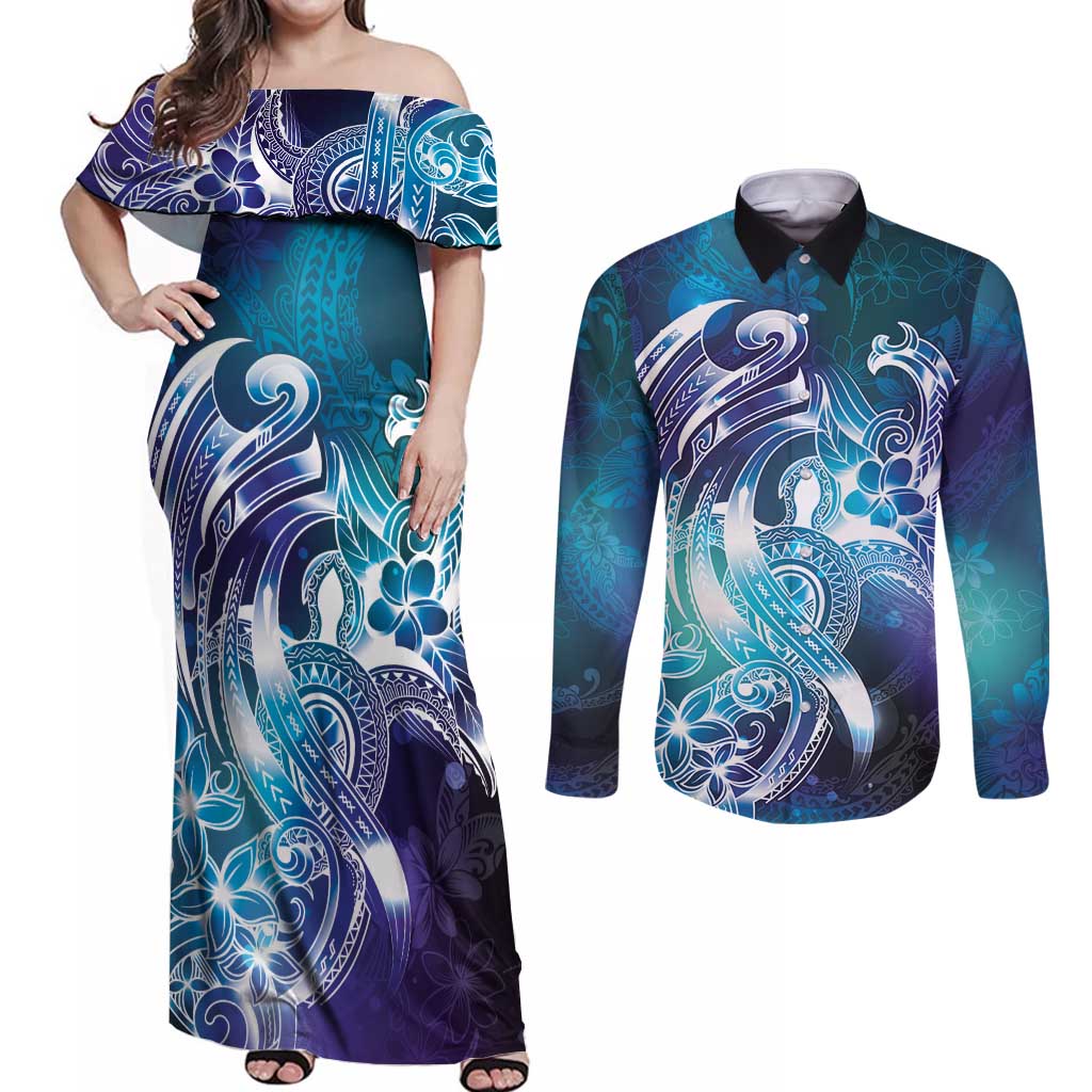 Aloha Hawaii Turtle Couples Matching Off Shoulder Maxi Dress and Long Sleeve Button Shirt Teal Purple Ribbon - Polynesian Pride
