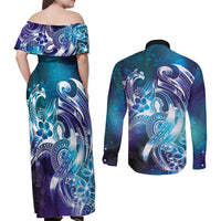 Aloha Hawaii Turtle Couples Matching Off Shoulder Maxi Dress and Long Sleeve Button Shirt Teal Purple Ribbon - Polynesian Pride