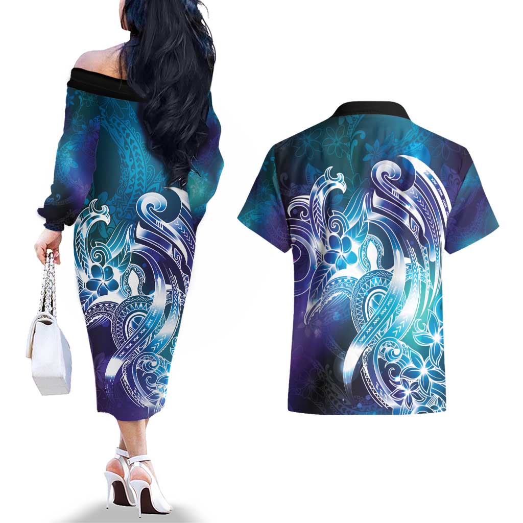 Aloha Hawaii Turtle Couples Matching Off The Shoulder Long Sleeve Dress and Hawaiian Shirt Teal Purple Ribbon - Polynesian Pride