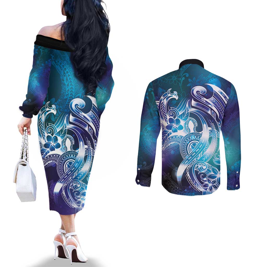 Aloha Hawaii Turtle Couples Matching Off The Shoulder Long Sleeve Dress and Long Sleeve Button Shirt Teal Purple Ribbon - Polynesian Pride