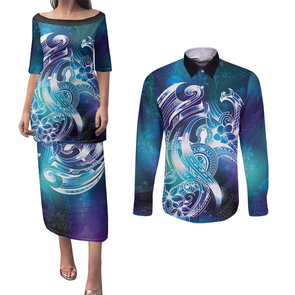 Aloha Hawaii Turtle Couples Matching Puletasi and Long Sleeve Button Shirt Teal Purple Ribbon - Polynesian Pride