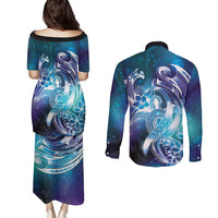 Aloha Hawaii Turtle Couples Matching Puletasi and Long Sleeve Button Shirt Teal Purple Ribbon - Polynesian Pride