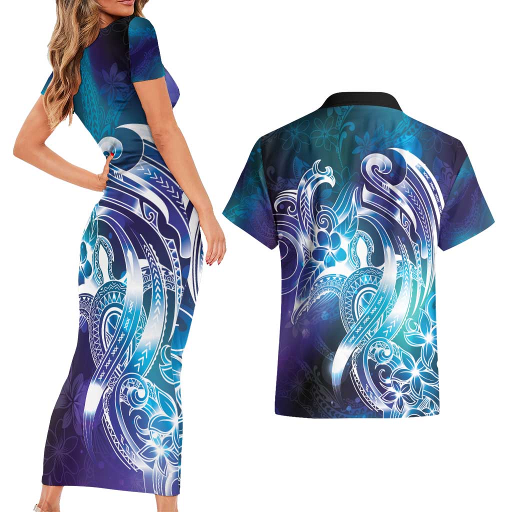 Aloha Hawaii Turtle Couples Matching Short Sleeve Bodycon Dress and Hawaiian Shirt Teal Purple Ribbon - Polynesian Pride
