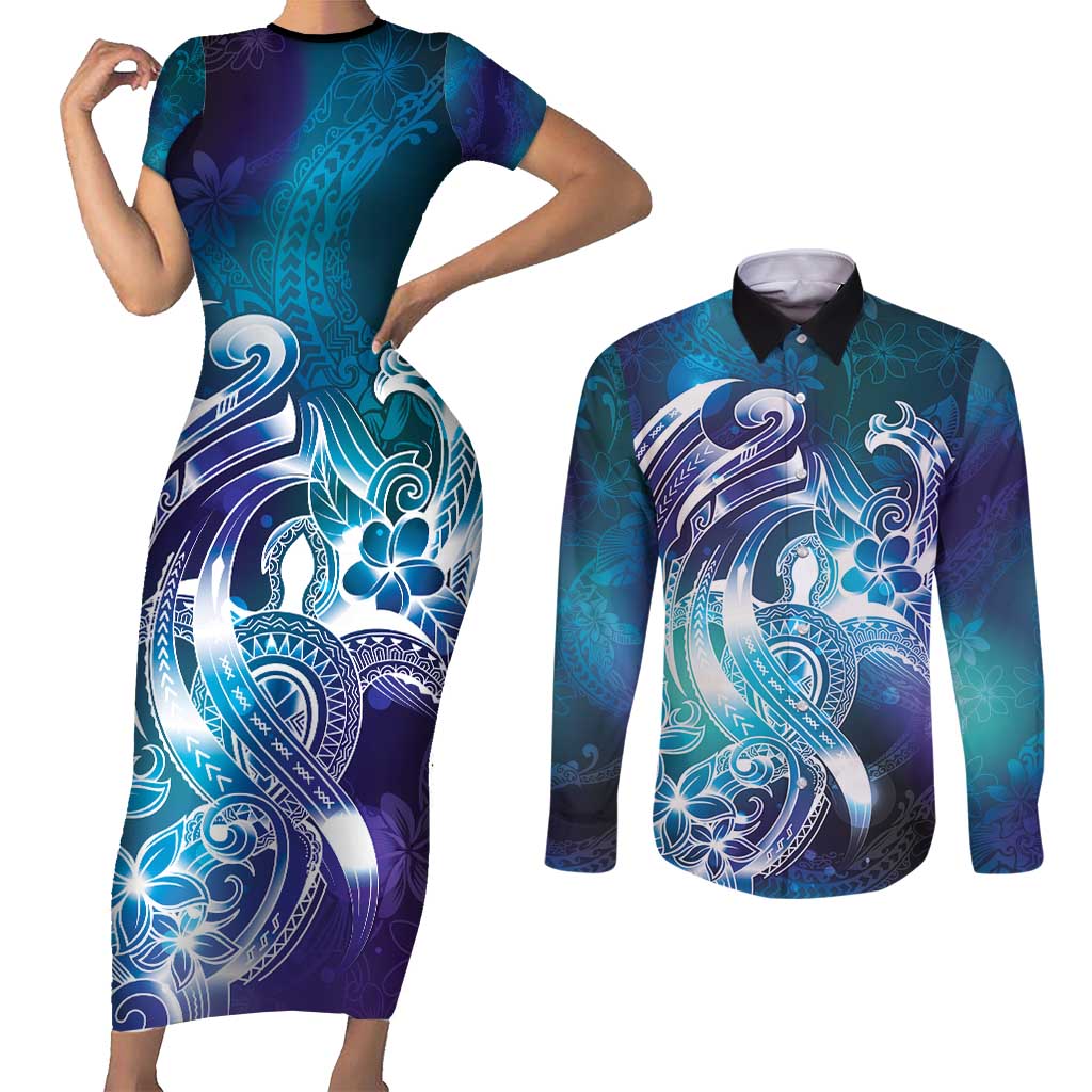 Aloha Hawaii Turtle Couples Matching Short Sleeve Bodycon Dress and Long Sleeve Button Shirt Teal Purple Ribbon - Polynesian Pride