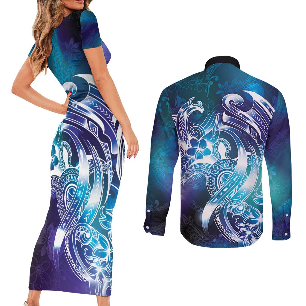 Aloha Hawaii Turtle Couples Matching Short Sleeve Bodycon Dress and Long Sleeve Button Shirt Teal Purple Ribbon - Polynesian Pride