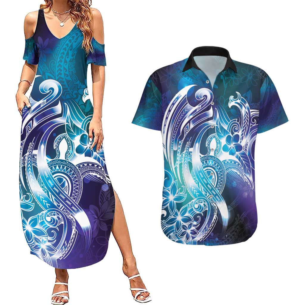 Aloha Hawaii Turtle Couples Matching Summer Maxi Dress and Hawaiian Shirt Teal Purple Ribbon - Polynesian Pride