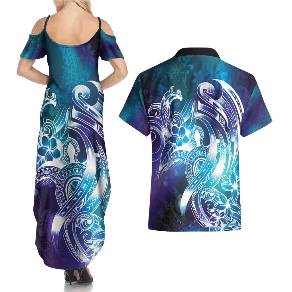 Aloha Hawaii Turtle Couples Matching Summer Maxi Dress and Hawaiian Shirt Teal Purple Ribbon - Polynesian Pride
