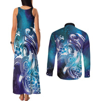 Aloha Hawaii Turtle Couples Matching Tank Maxi Dress and Long Sleeve Button Shirt Teal Purple Ribbon - Polynesian Pride