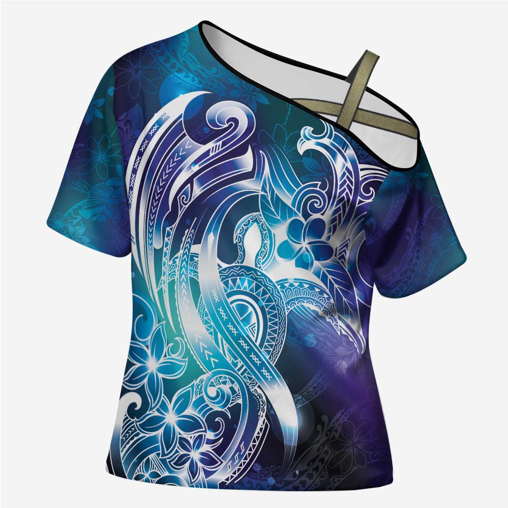 Aloha Hawaii Turtle Cross Shoulder Shirt Teal Purple Ribbon - Polynesian Pride