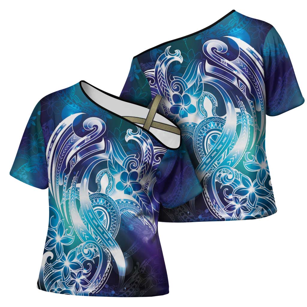 Aloha Hawaii Turtle Cross Shoulder Shirt Teal Purple Ribbon - Polynesian Pride
