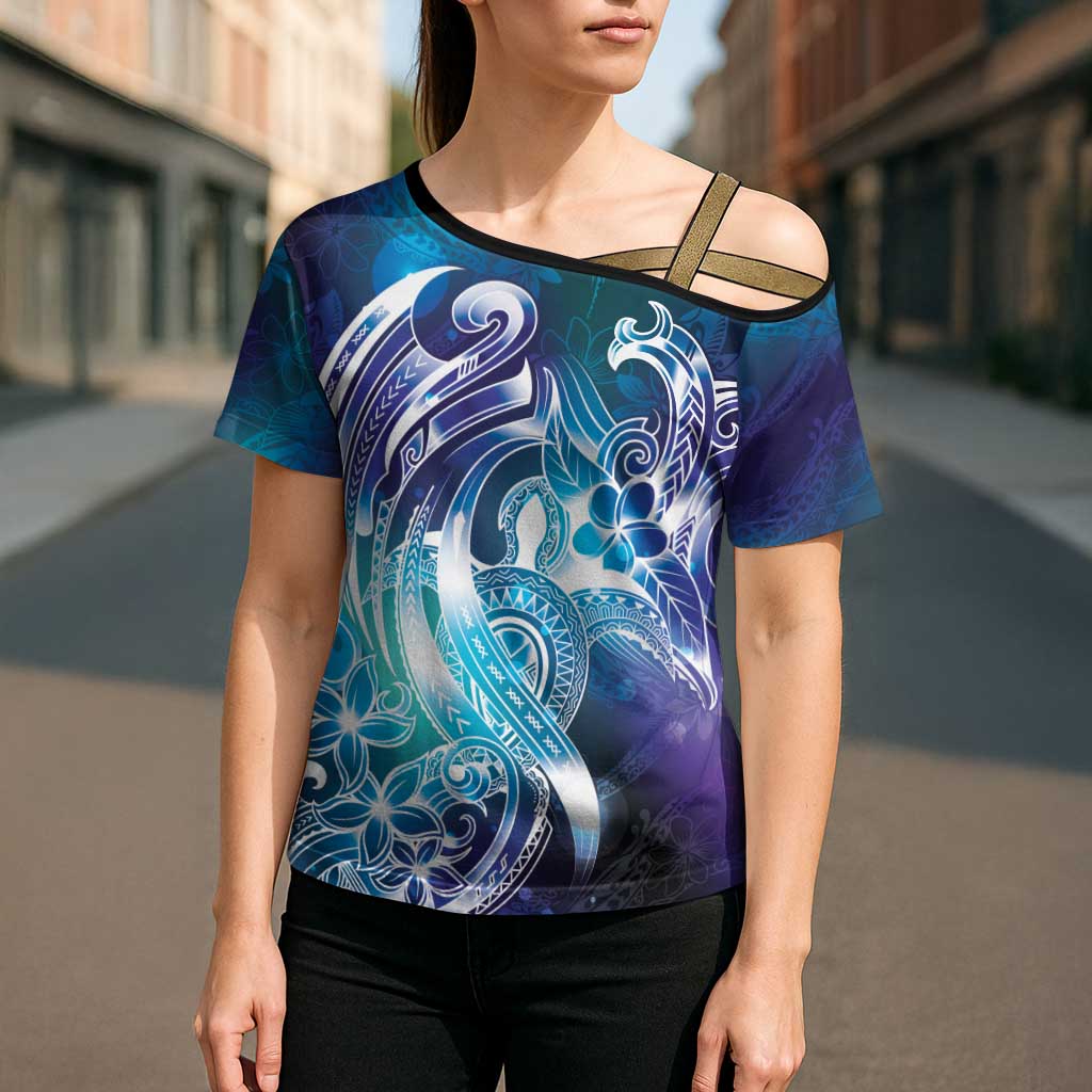 Aloha Hawaii Turtle Cross Shoulder Shirt Teal Purple Ribbon - Polynesian Pride