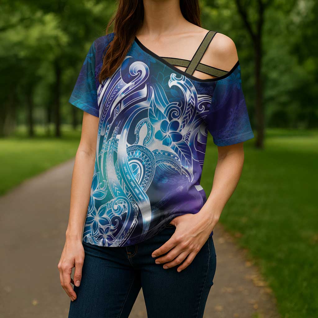 Aloha Hawaii Turtle Cross Shoulder Shirt Teal Purple Ribbon - Polynesian Pride
