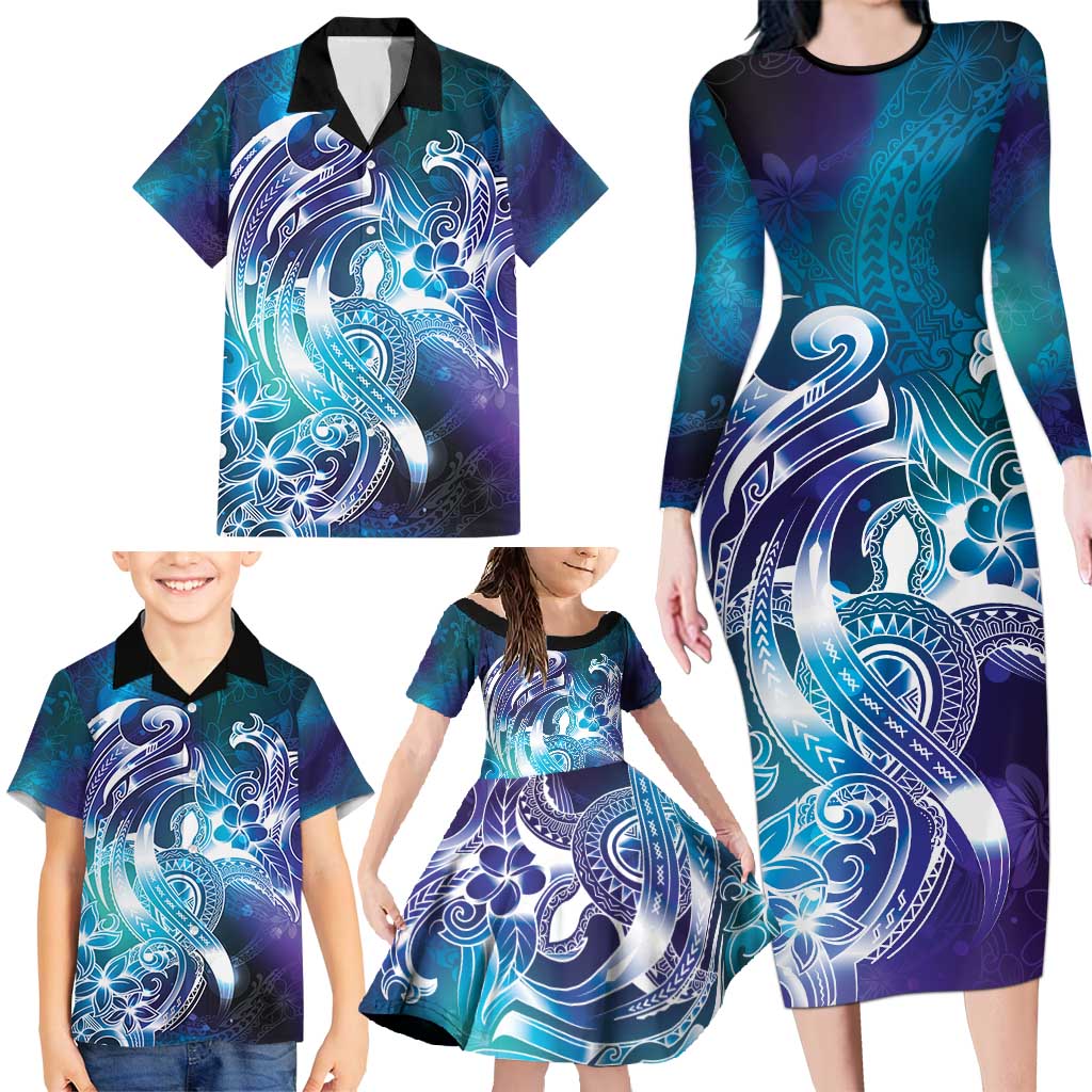 Aloha Hawaii Turtle Family Matching Long Sleeve Bodycon Dress and Hawaiian Shirt Teal Purple Ribbon - Polynesian Pride
