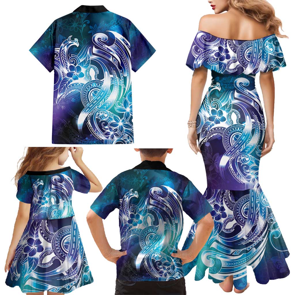 Aloha Hawaii Turtle Family Matching Mermaid Dress and Hawaiian Shirt Teal Purple Ribbon - Polynesian Pride
