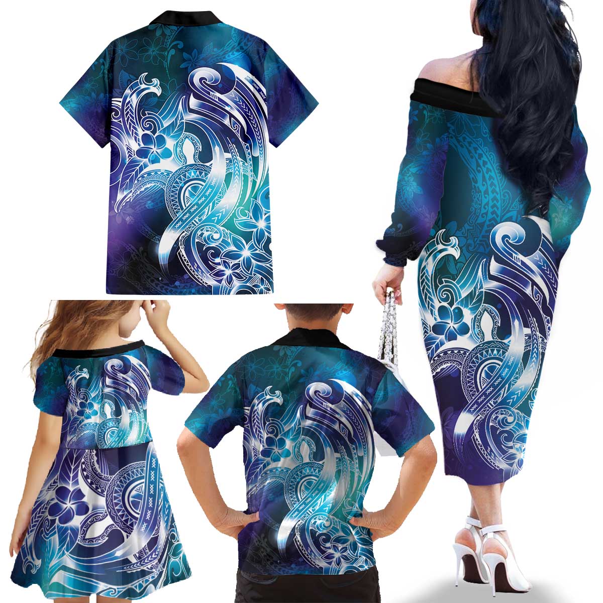 Aloha Hawaii Turtle Family Matching Off The Shoulder Long Sleeve Dress and Hawaiian Shirt Teal Purple Ribbon - Polynesian Pride