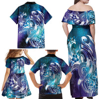 Aloha Hawaii Turtle Family Matching Off Shoulder Maxi Dress and Hawaiian Shirt Teal Purple Ribbon - Polynesian Pride