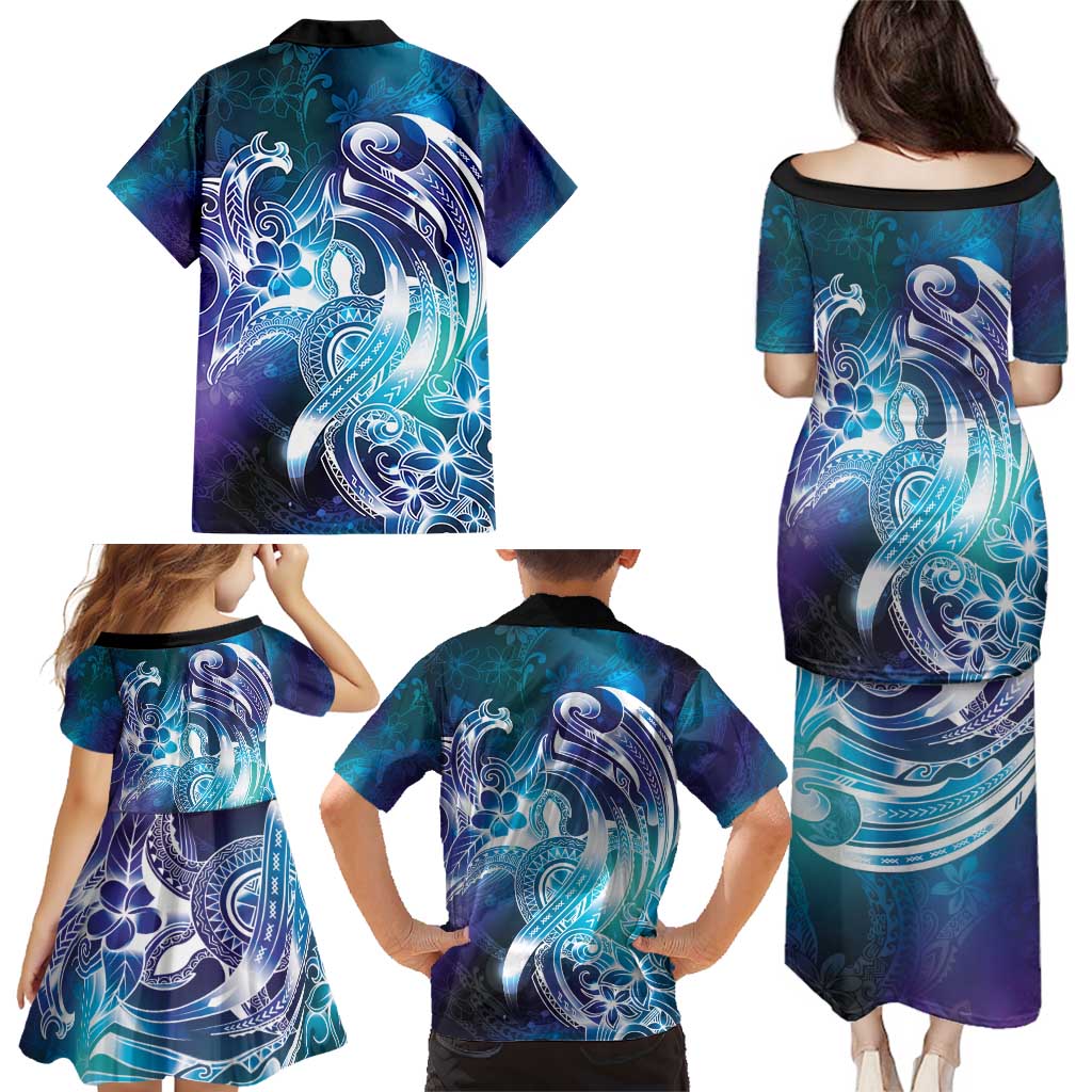Aloha Hawaii Turtle Family Matching Puletasi and Hawaiian Shirt Teal Purple Ribbon - Polynesian Pride