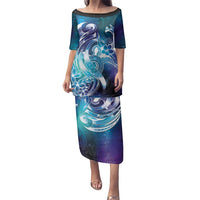 Aloha Hawaii Turtle Family Matching Puletasi and Hawaiian Shirt Teal Purple Ribbon - Polynesian Pride