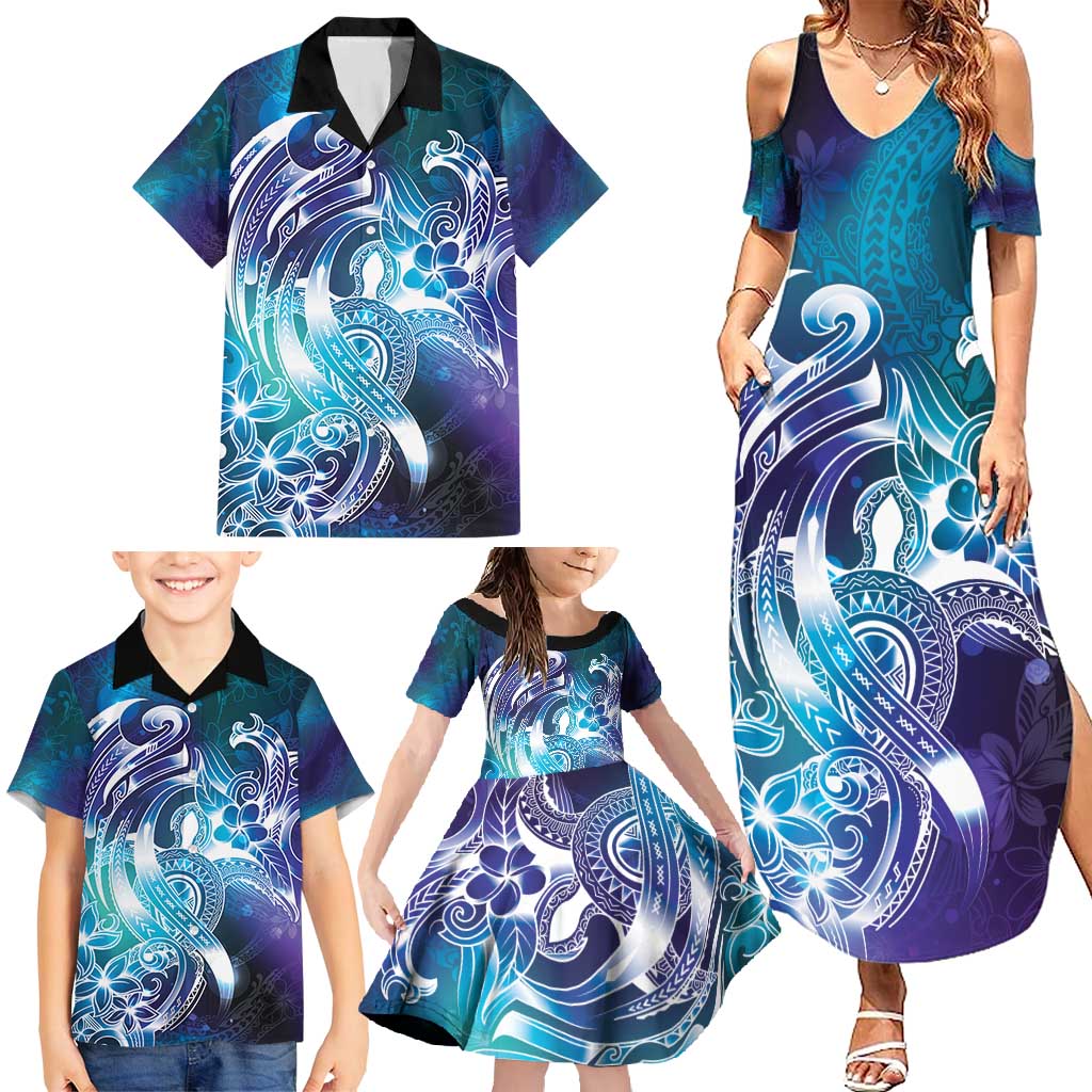 Aloha Hawaii Turtle Family Matching Summer Maxi Dress and Hawaiian Shirt Teal Purple Ribbon - Polynesian Pride