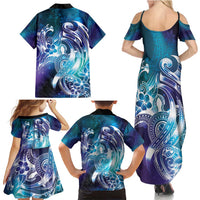 Aloha Hawaii Turtle Family Matching Summer Maxi Dress and Hawaiian Shirt Teal Purple Ribbon - Polynesian Pride