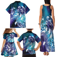 Aloha Hawaii Turtle Family Matching Tank Maxi Dress and Hawaiian Shirt Teal Purple Ribbon - Polynesian Pride