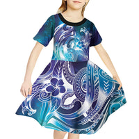 Aloha Hawaii Turtle Kid Short Sleeve Dress Teal Purple Ribbon - Polynesian Pride