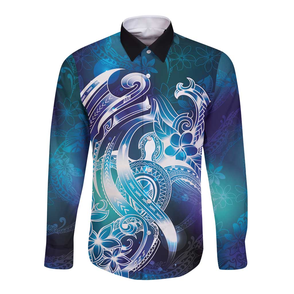 Aloha Hawaii Turtle Long Sleeve Button Shirt Teal Purple Ribbon - Polynesian Pride