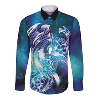 Aloha Hawaii Turtle Long Sleeve Button Shirt Teal Purple Ribbon - Polynesian Pride