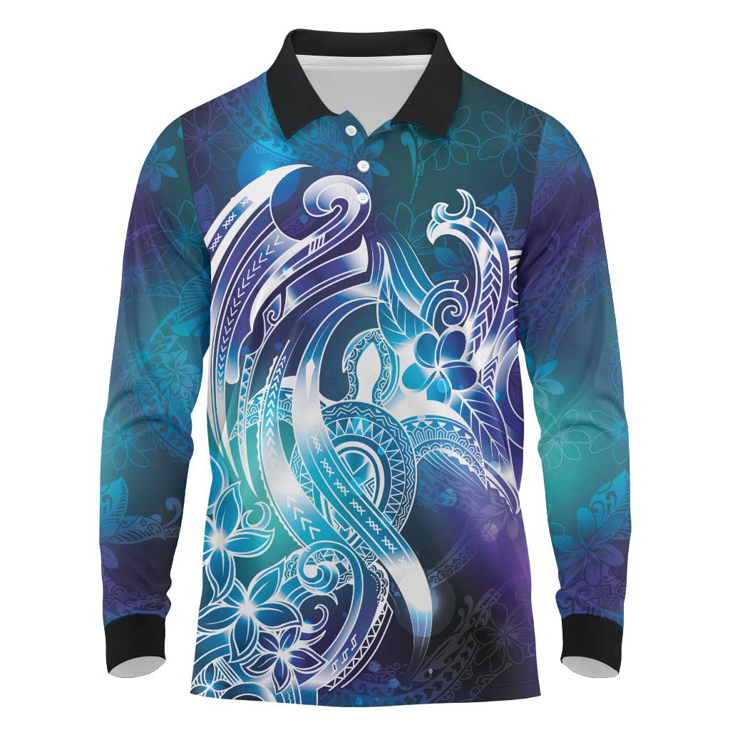 Aloha Hawaii Turtle Long Sleeve Polo Shirt Teal Purple Ribbon - Polynesian Pride