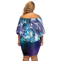 Aloha Hawaii Turtle Off Shoulder Short Dress Teal Purple Ribbon - Polynesian Pride