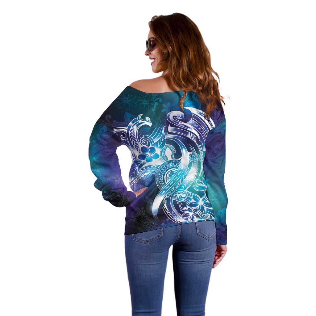 Aloha Hawaii Turtle Off Shoulder Sweater Teal Purple Ribbon - Polynesian Pride