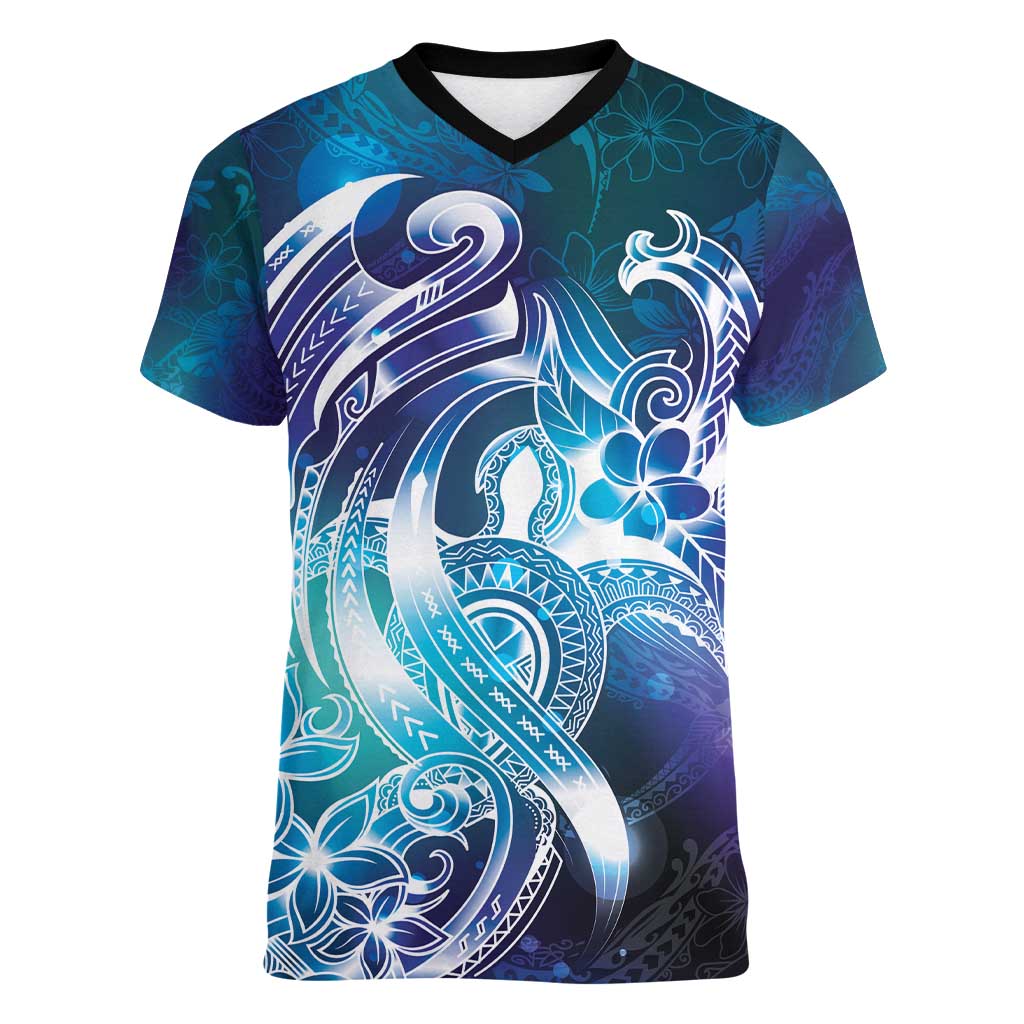 Aloha Hawaii Turtle Women V-Neck T-Shirt Teal Purple Ribbon - Polynesian Pride