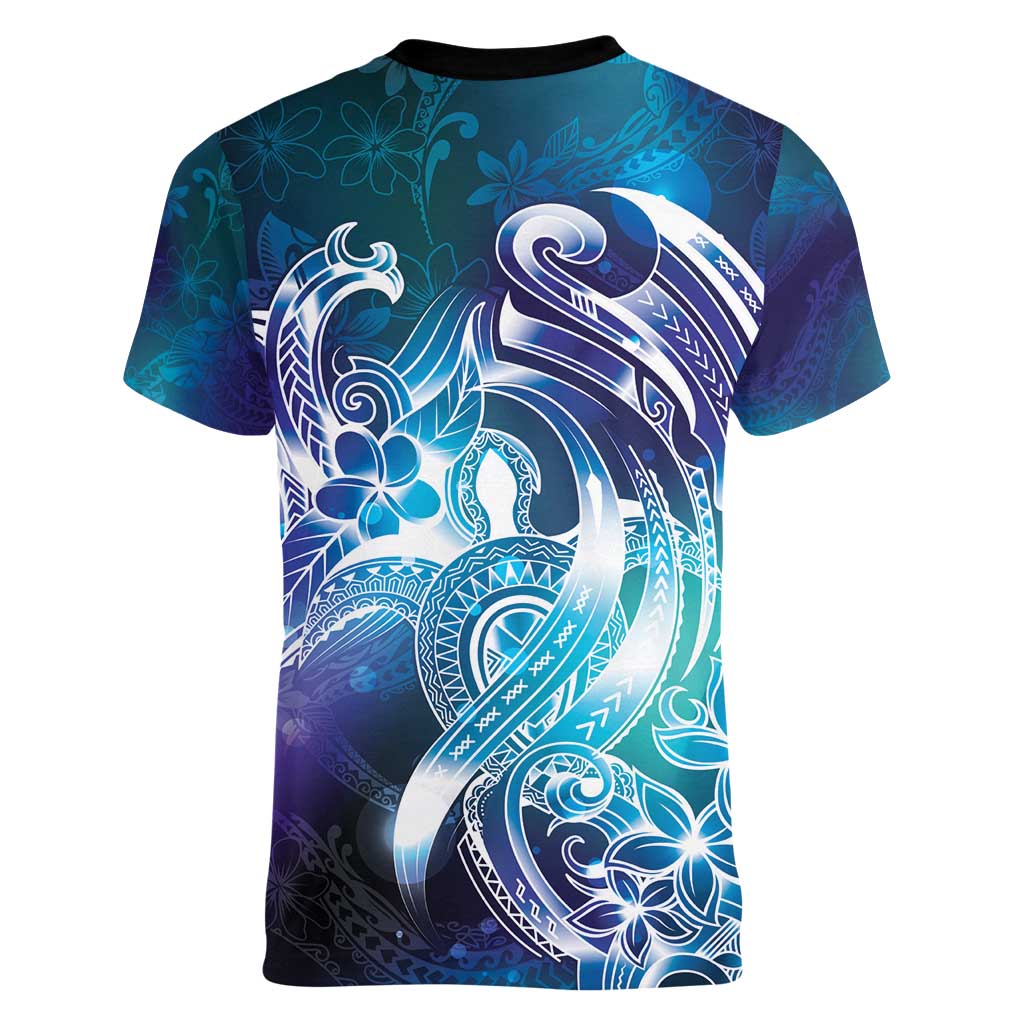 Aloha Hawaii Turtle Women V-Neck T-Shirt Teal Purple Ribbon - Polynesian Pride