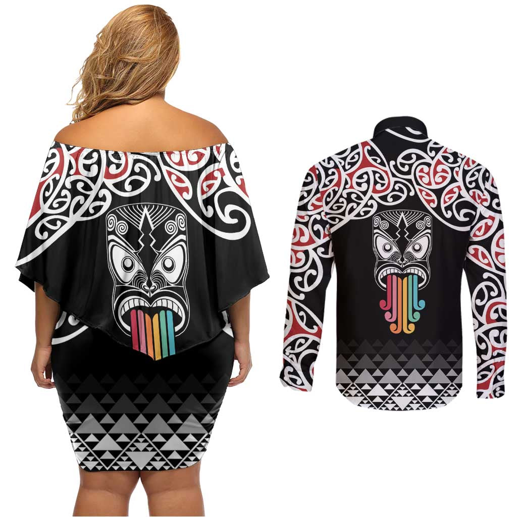 Kia Kaha Te Reo Maori Couples Matching Off Shoulder Short Dress and Long Sleeve Button Shirt 50 Years Mo Ake Tonu Te Reo - Polynesian Pride