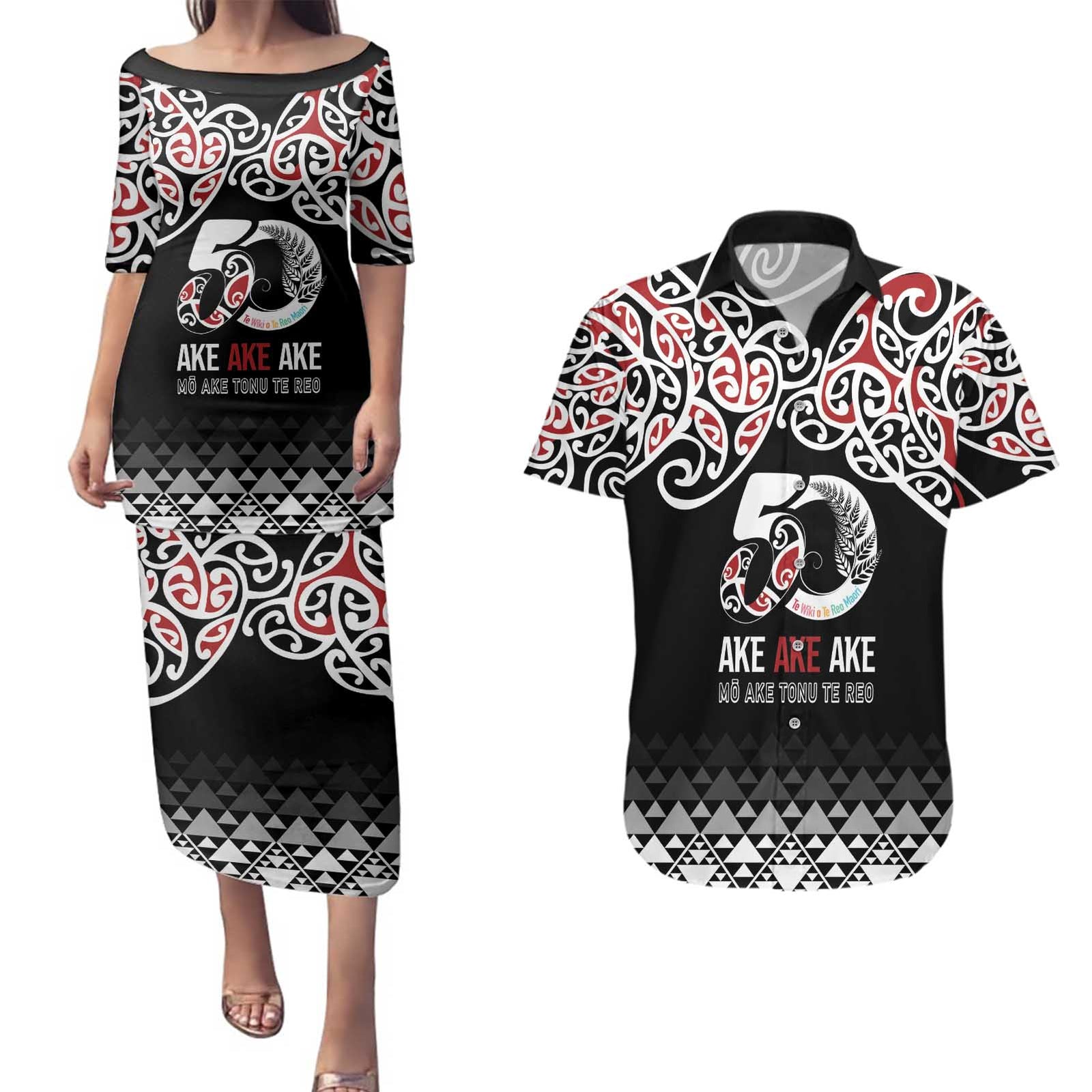 Kia Kaha Te Reo Maori Couples Matching Puletasi and Hawaiian Shirt 50 Years Mo Ake Tonu Te Reo - Polynesian Pride