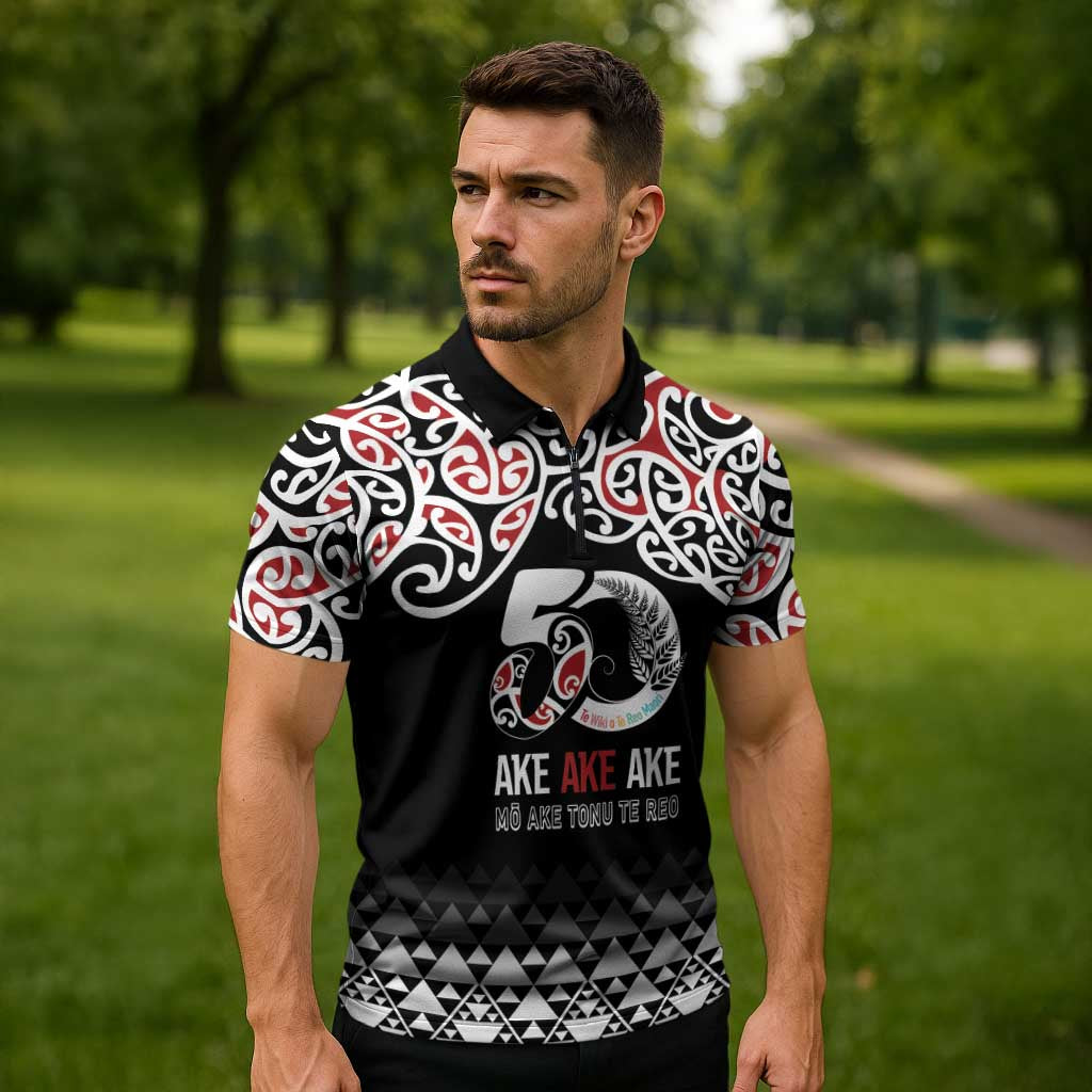 Kia Kaha Te Reo Maori Zipper Polo Shirt 50 Years Mo Ake Tonu Te Reo - Polynesian Pride