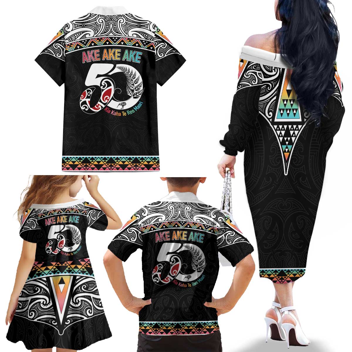 50 Years Kia Kaha Te Reo Maori Family Matching Off The Shoulder Long Sleeve Dress and Hawaiian Shirt Ake Ake Ake! - Polynesian Pride