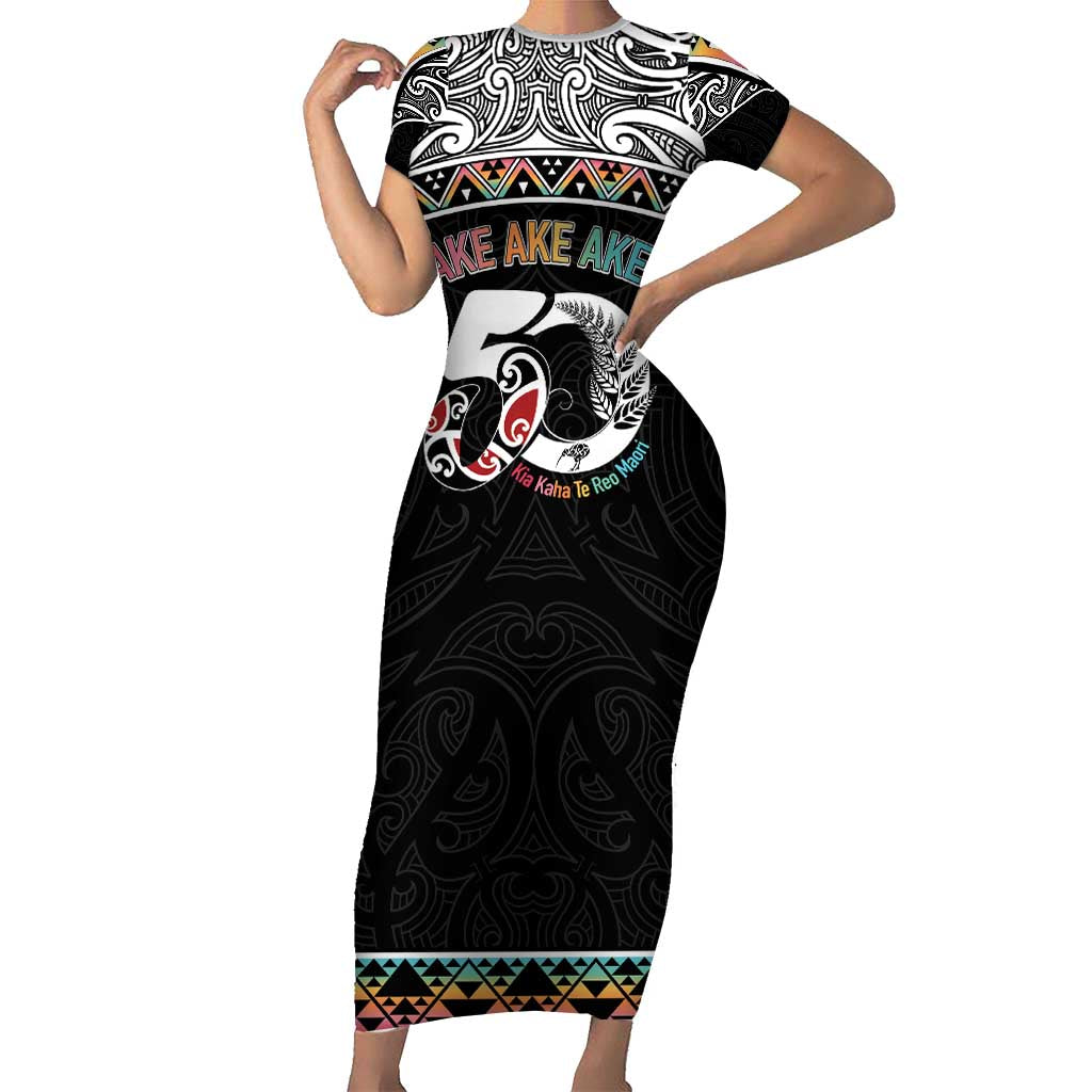 50 Years Kia Kaha Te Reo Maori Short Sleeve Bodycon Dress Ake Ake Ake! - Polynesian Pride