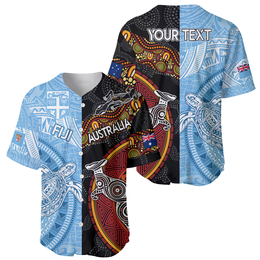 Personalised Fiji and Australia Baseball Jersey Masi Patterns Mix Aboriginal Art LT7 - Polynesian Pride