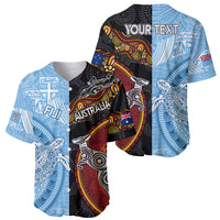 Personalised Fiji and Australia Baseball Jersey Masi Patterns Mix Aboriginal Art LT7 - Polynesian Pride