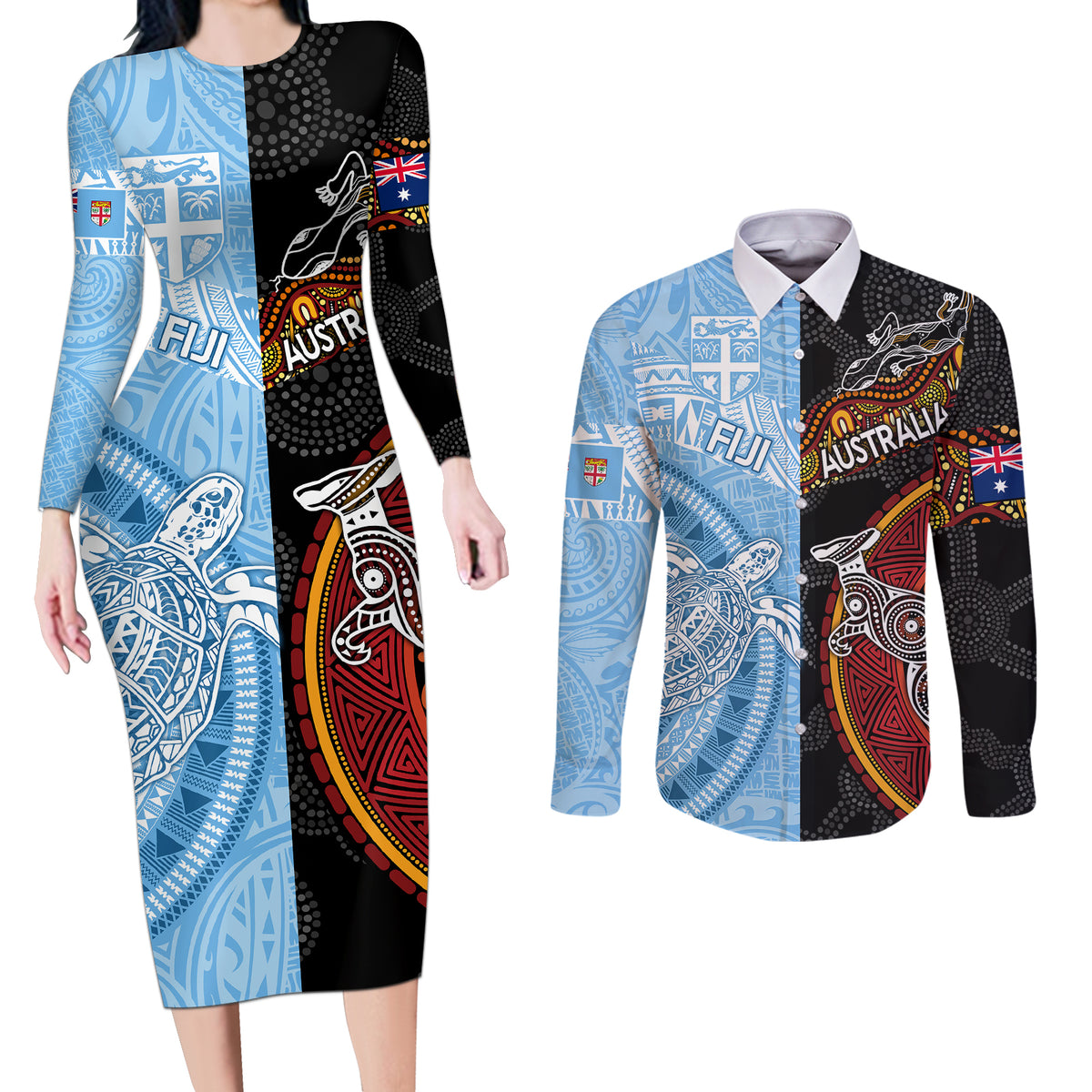 personalised-fiji-and-australia-couples-matching-long-sleeve-bodycon-dress-and-long-sleeve-button-shirts-masi-patterns-mix-aboriginal-art