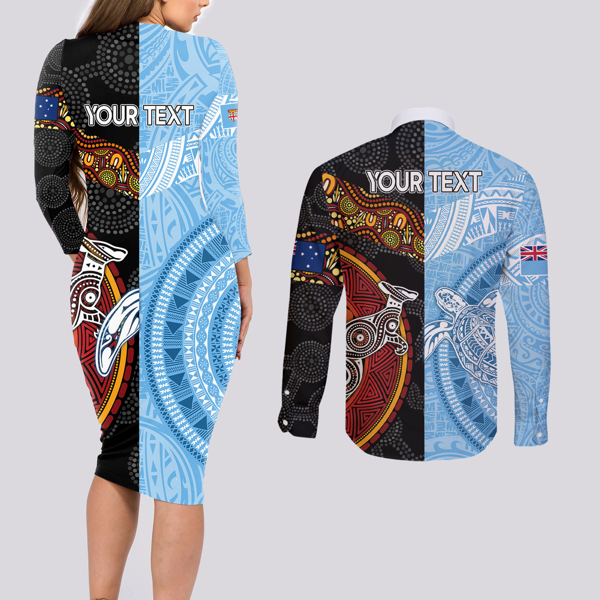 personalised-fiji-and-australia-couples-matching-long-sleeve-bodycon-dress-and-long-sleeve-button-shirts-masi-patterns-mix-aboriginal-art