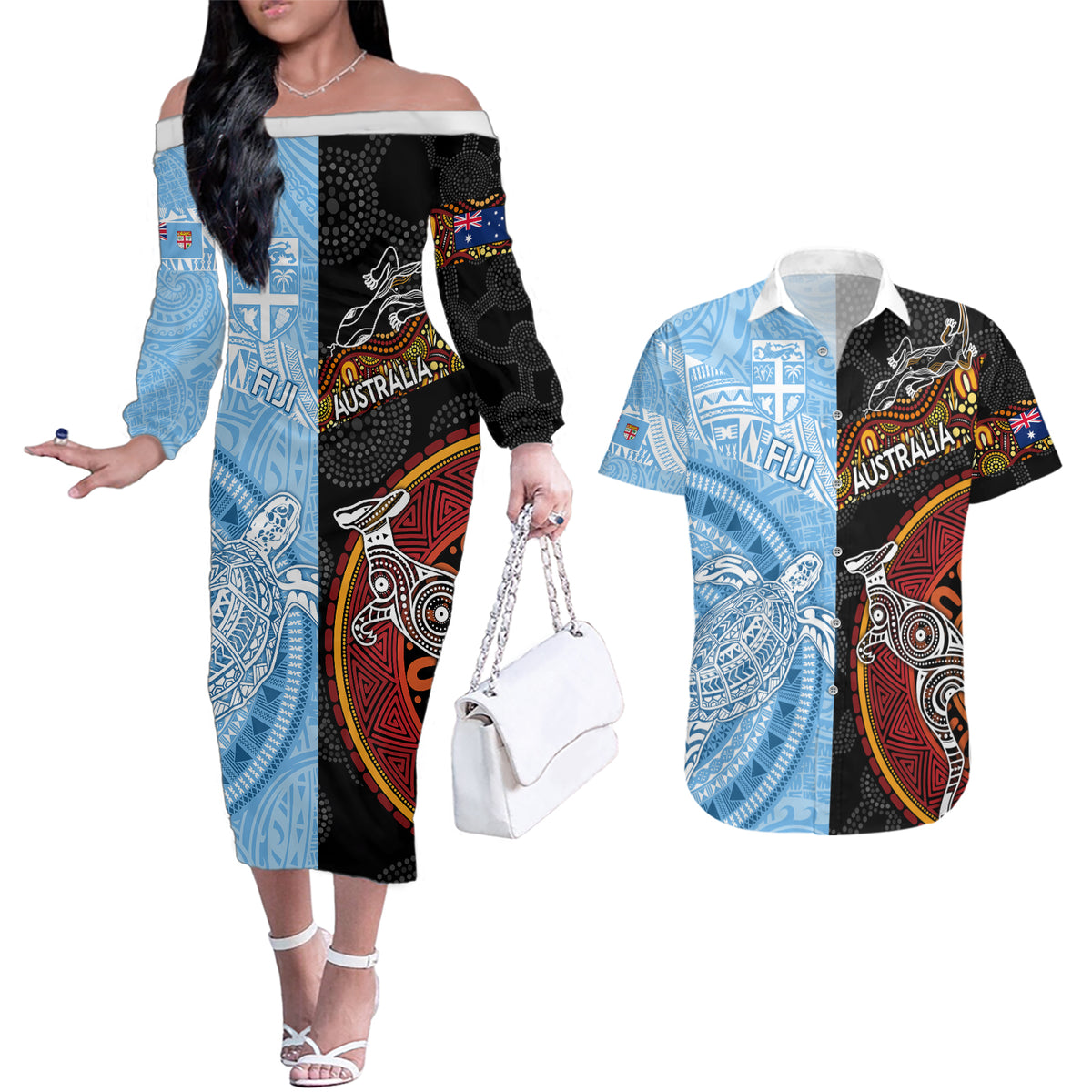 personalised-fiji-and-australia-couples-matching-off-the-shoulder-long-sleeve-dress-and-hawaiian-shirt-masi-patterns-mix-aboriginal-art