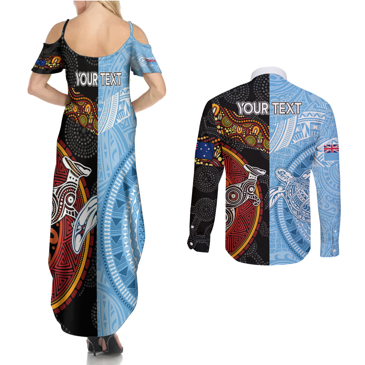 personalised-fiji-and-australia-couples-matching-summer-maxi-dress-and-long-sleeve-button-shirts-masi-patterns-mix-aboriginal-art