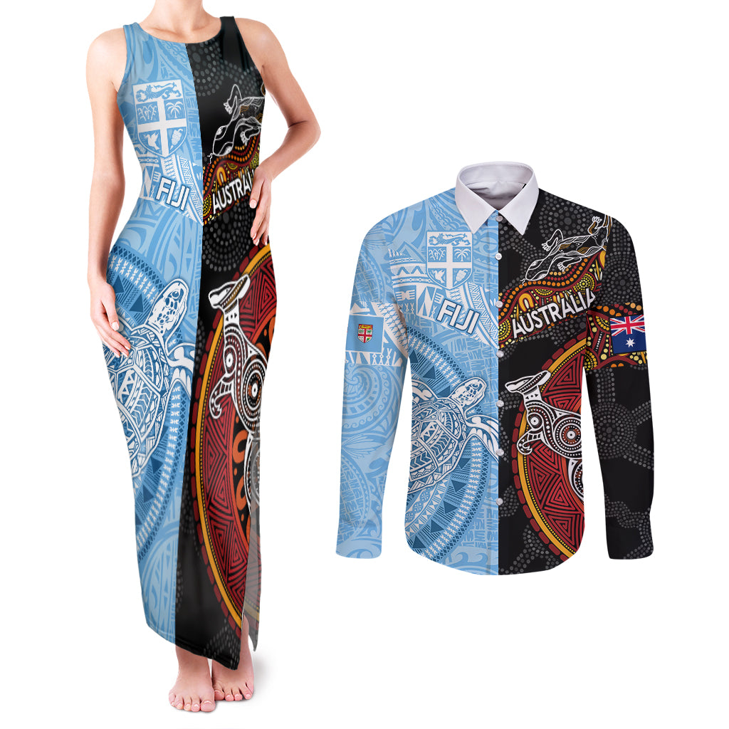 personalised-fiji-and-australia-couples-matching-tank-maxi-dress-and-long-sleeve-button-shirts-masi-patterns-mix-aboriginal-art