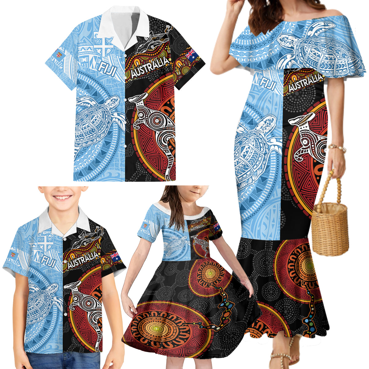 personalised-fiji-and-australia-family-matching-mermaid-dress-and-hawaiian-shirt-masi-patterns-mix-aboriginal-art