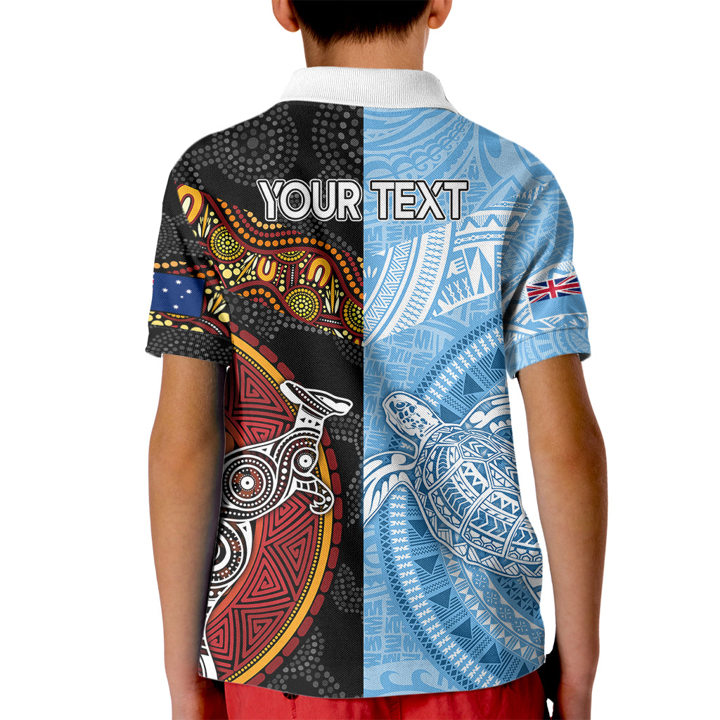 Personalised Fiji and Australia Kid Polo Shirt Masi Patterns Mix Aboriginal Art LT7 - Polynesian Pride