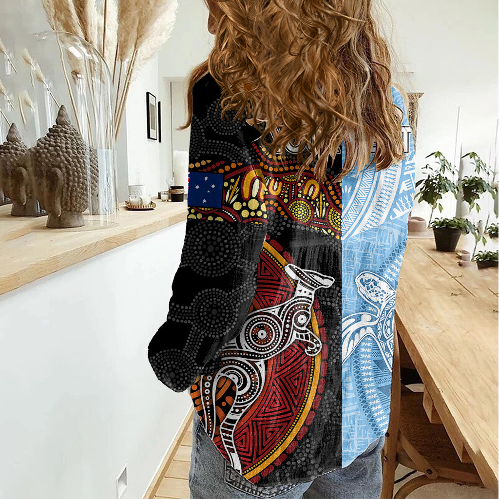 Personalised Fiji and Australia Women Casual Shirt Masi Patterns Mix Aboriginal Art LT7 - Polynesian Pride