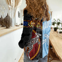 Personalised Fiji and Australia Women Casual Shirt Masi Patterns Mix Aboriginal Art LT7 - Polynesian Pride