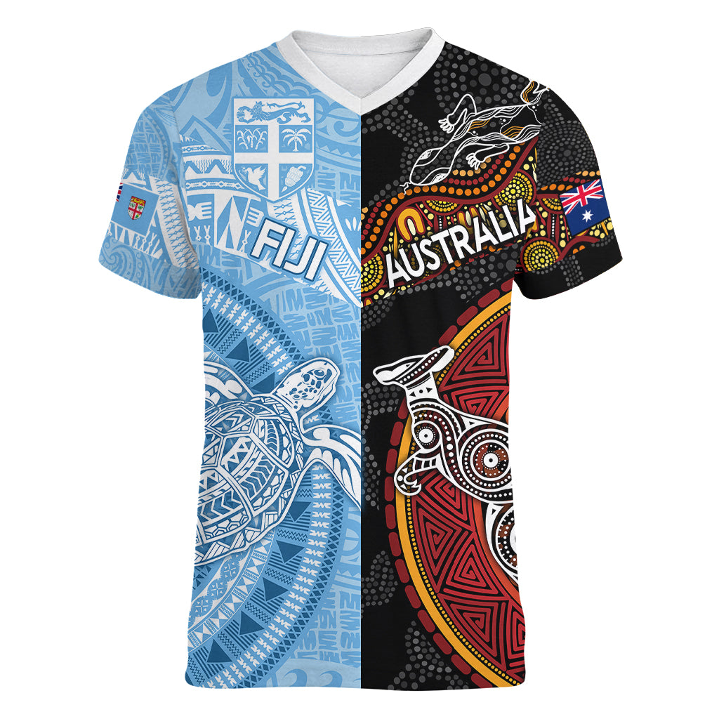 personalised-fiji-and-australia-women-v-neck-t-shirt-masi-patterns-mix-aboriginal-art